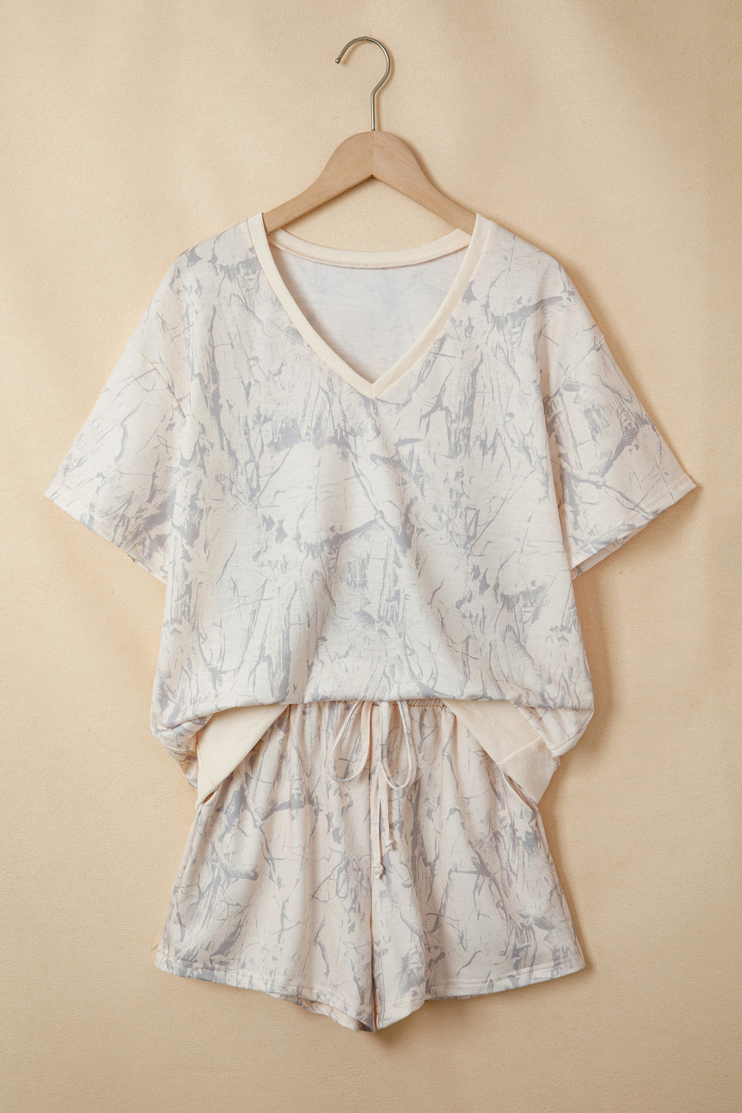 Khaki Abstract Print V Neck Loose Tee Drawstring Shorts 2pcs Outfit