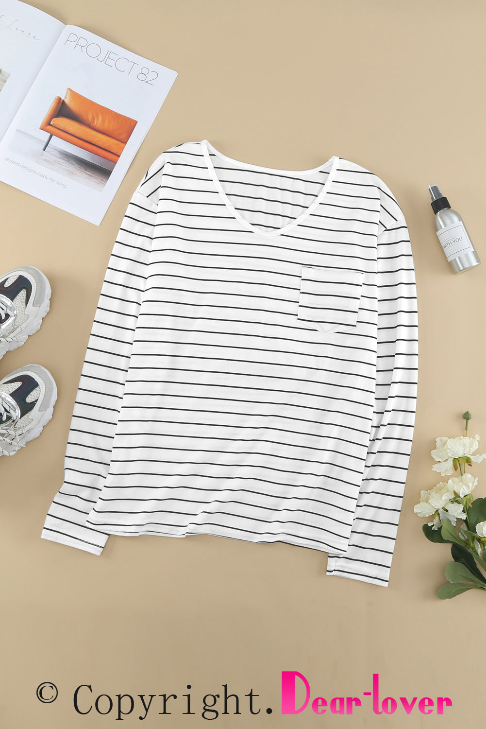 Striped V Neck Long Sleeve Top