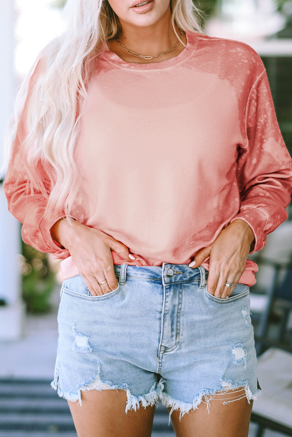 Pink Bleached Round Neck Pullover Sweatshirt