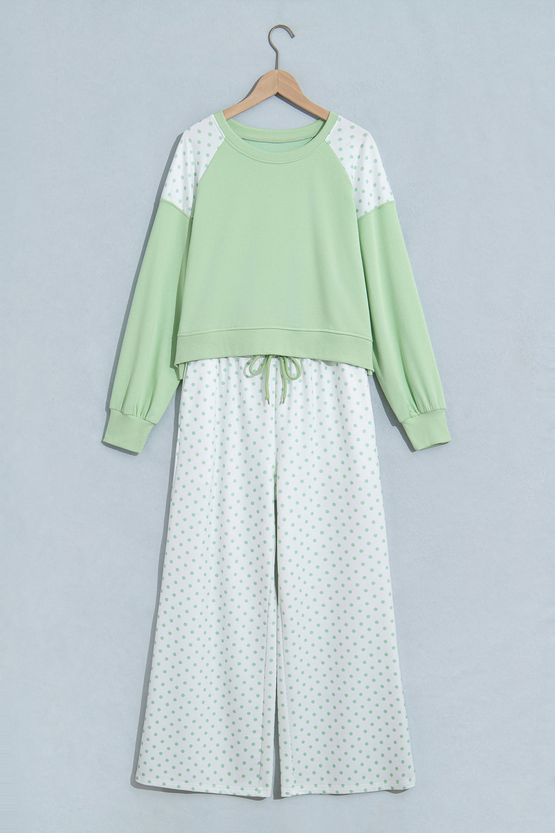 Khaki Polka Dot Patchwork Colorblock Long Sleeve Casual Two Piece Pants Set