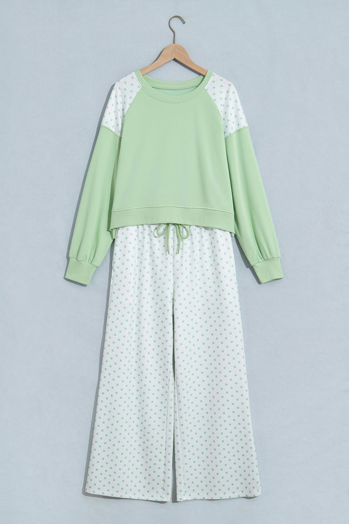 Khaki Polka Dot Patchwork Colorblock Long Sleeve Casual Two Piece Pants Set