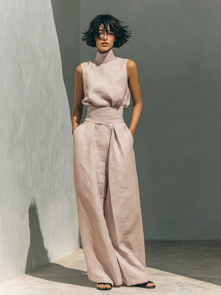 Women’s Cotton Linen Two-Piece Set – Sleeveless Top &amp; Wide-Leg Pants