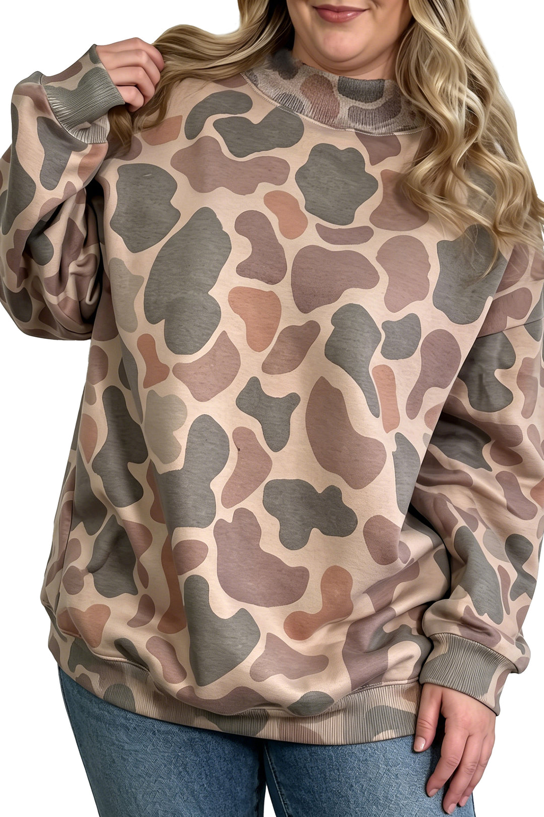 Multicolour Camo Print Ribbed Mock Neck Plus Size Sweatshirt
