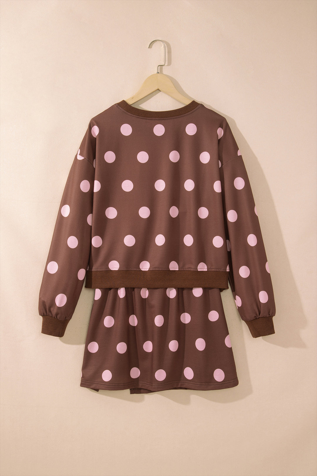 Brown Polka Dot Two Piece Set Long Sleeve Casual Skirt Set