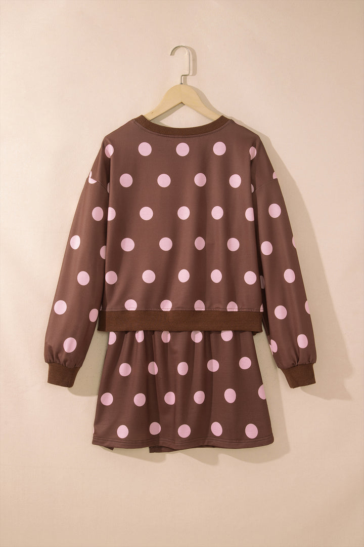 Brown Polka Dot Two Piece Set Long Sleeve Casual Skirt Set
