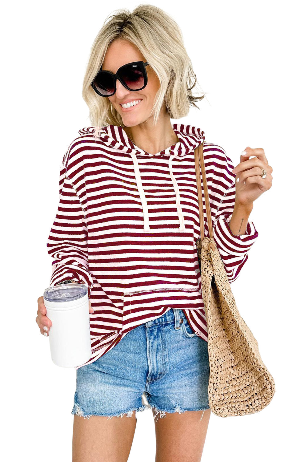 Burgundy Stripe Kangaroo Pocket Drawstring Hoodie