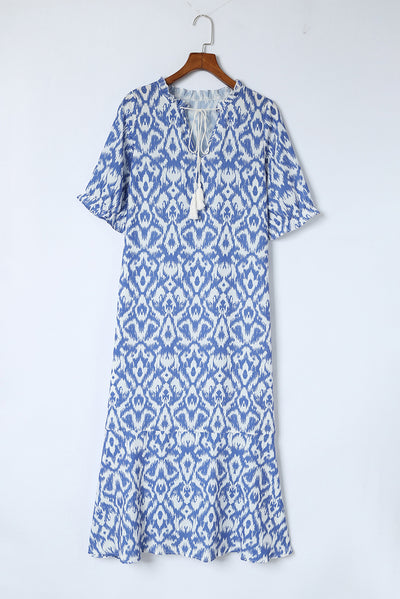 Sky Blue V Neck Casual Geometric Print Maxi Dress