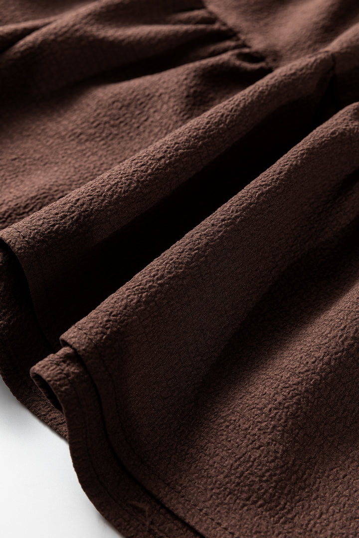 Coffee Plus Size Frilled Trim V Neck Puff Sleeve Textured Mini Dress