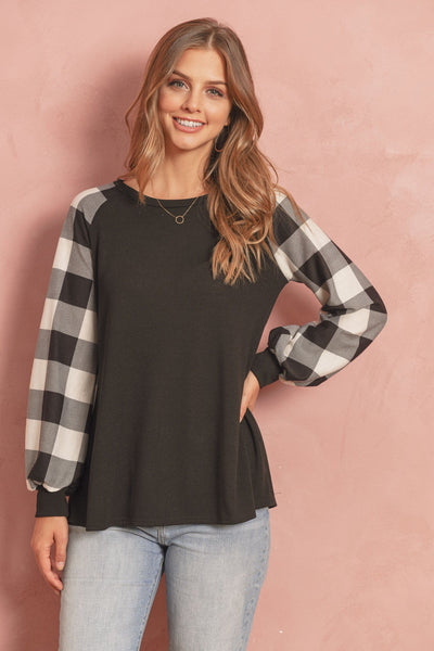 Plaid Puff Sleeved Round Neck Top