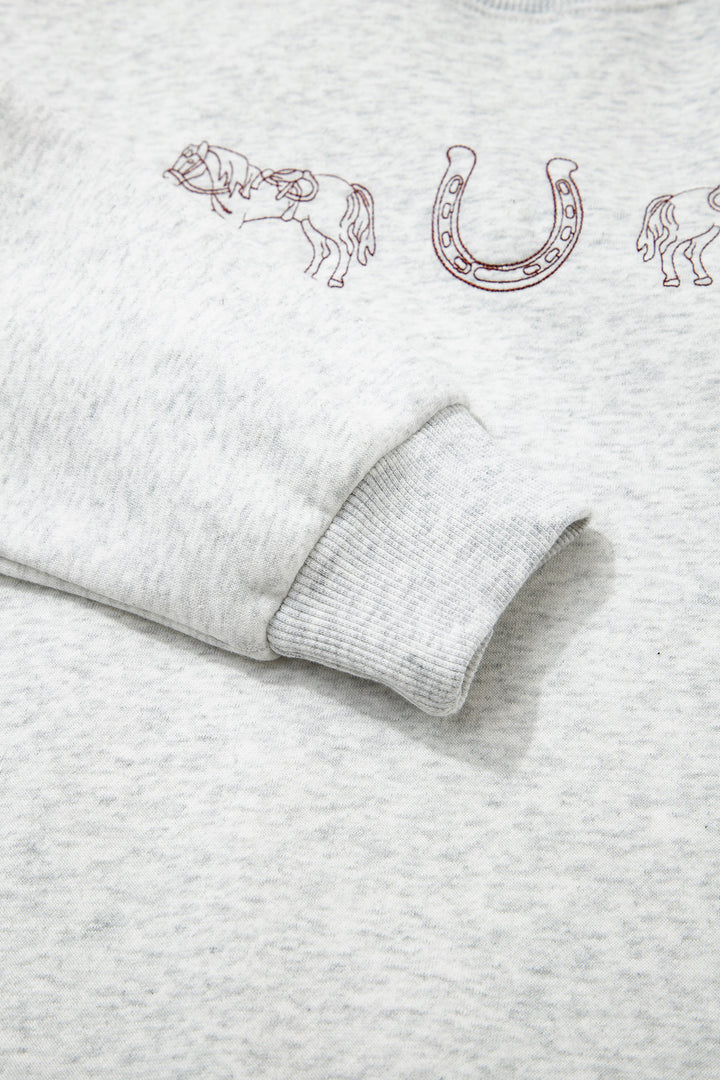 Light Grey Western Print Embroidered Casual Sweatshirt