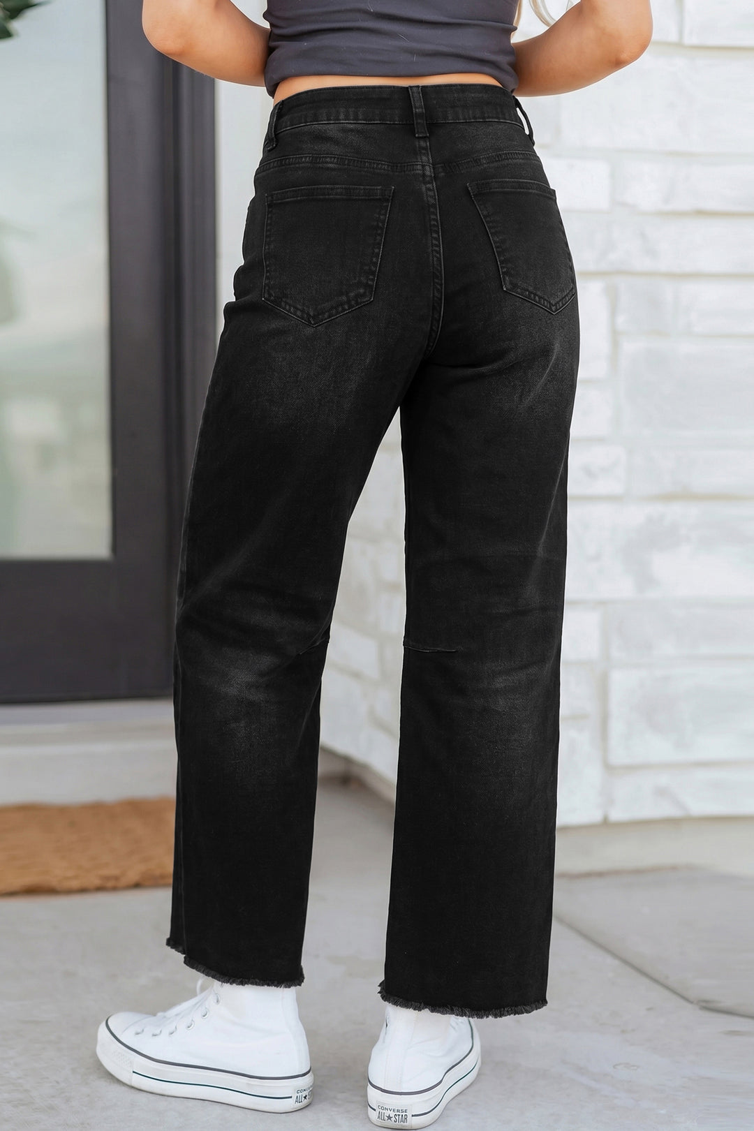Black Sequin Ghost Patched Graphic Raw Hem Casual Jeans