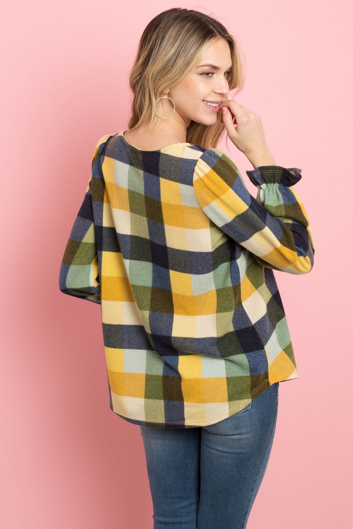 V-Neck Ruffle Sleeves Plaid Top