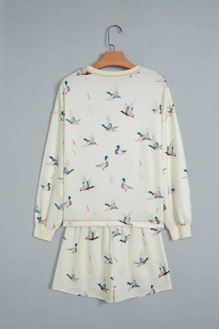Beige Free Mallard Print Long Sleeve Top Drawstring Short Set