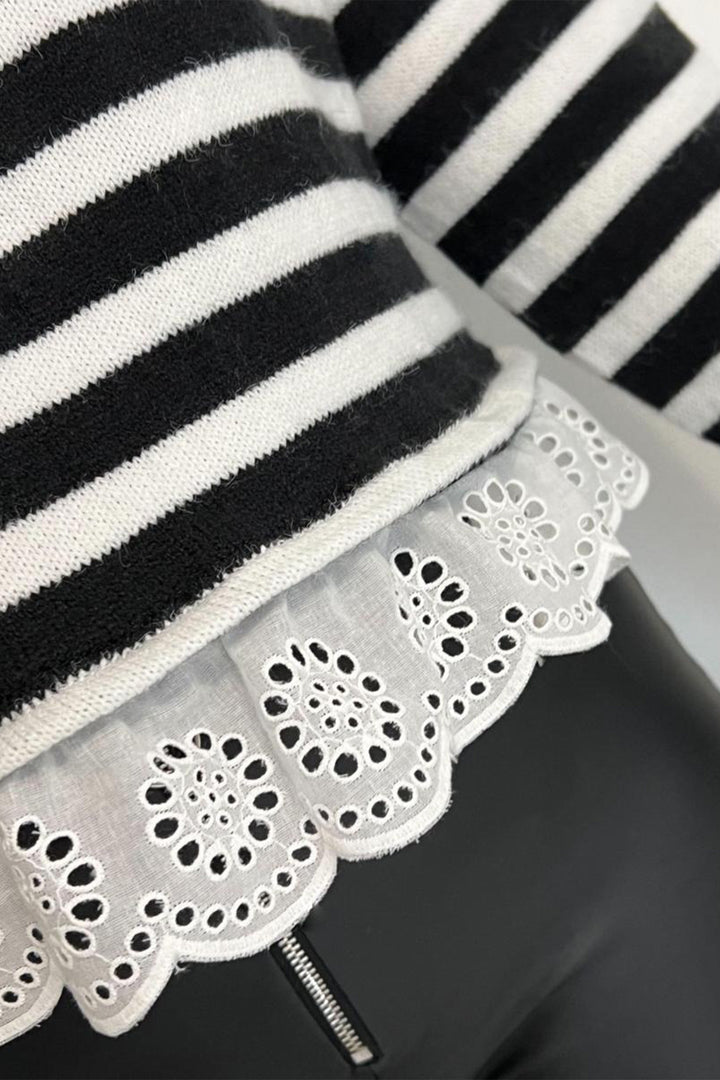 Black Striped High Neck Contrast Ruffle Detail Casual Sweater