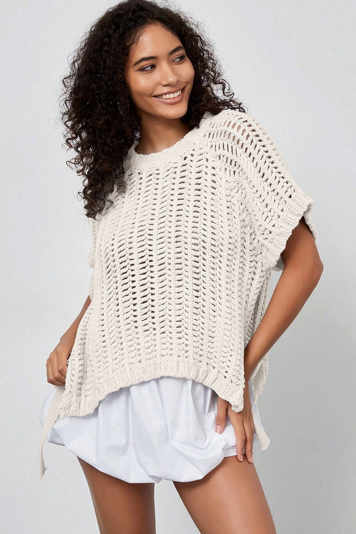 White Plus Size Open Knit Bow Tie Short Sleeve Sweater