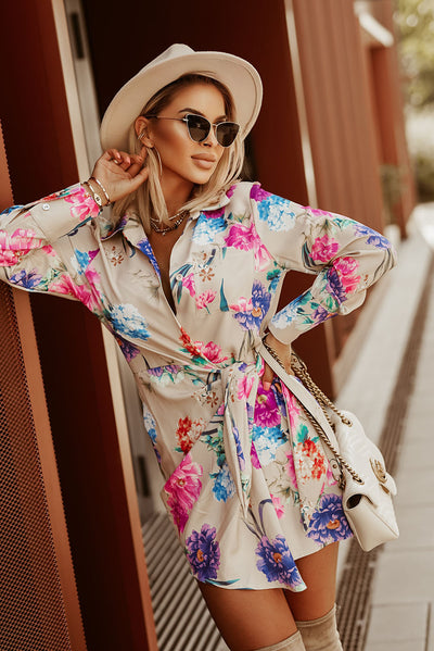 Multicolor Floral Print Wrap Tie Mini Shirt Dress