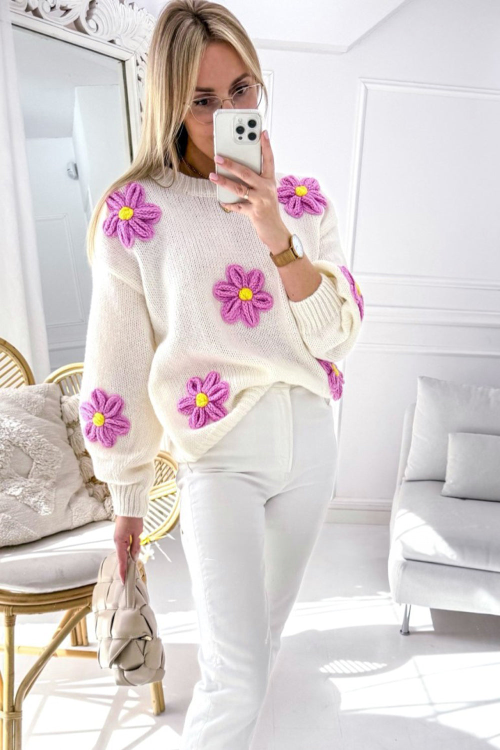 Parchment Floral Crochet Chunky Knit Sweater