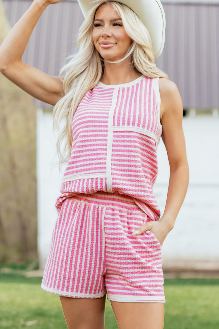 Pink Stripe Textured Contrast Trim Casual Tank and Shorts Set