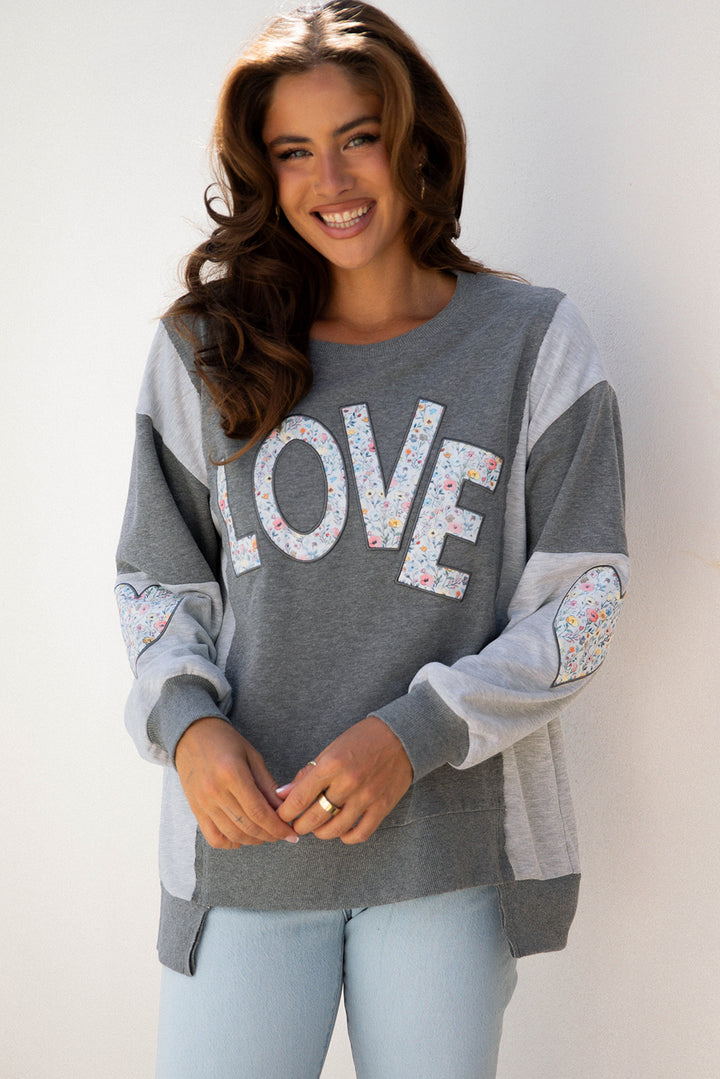 Dark Grey LOVE Graphic Exposed Seam Patchwork Uneven Hem Chic Sweatshirt
