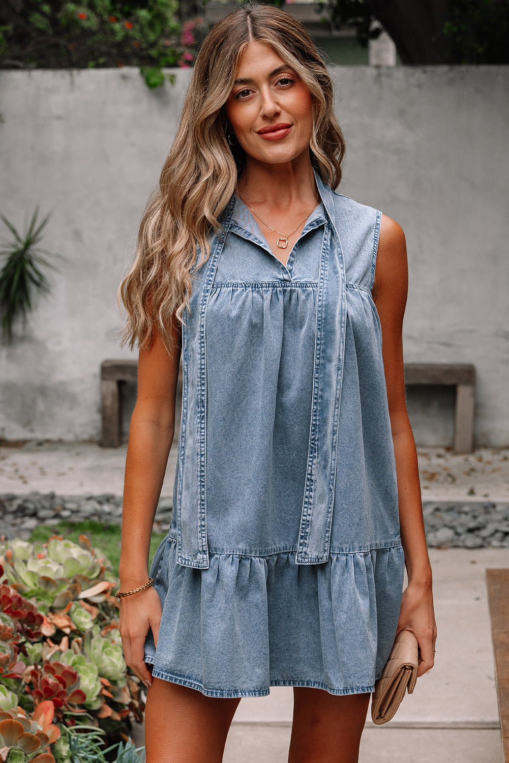 Clare Sleeveless Ruffled Chambray Dress