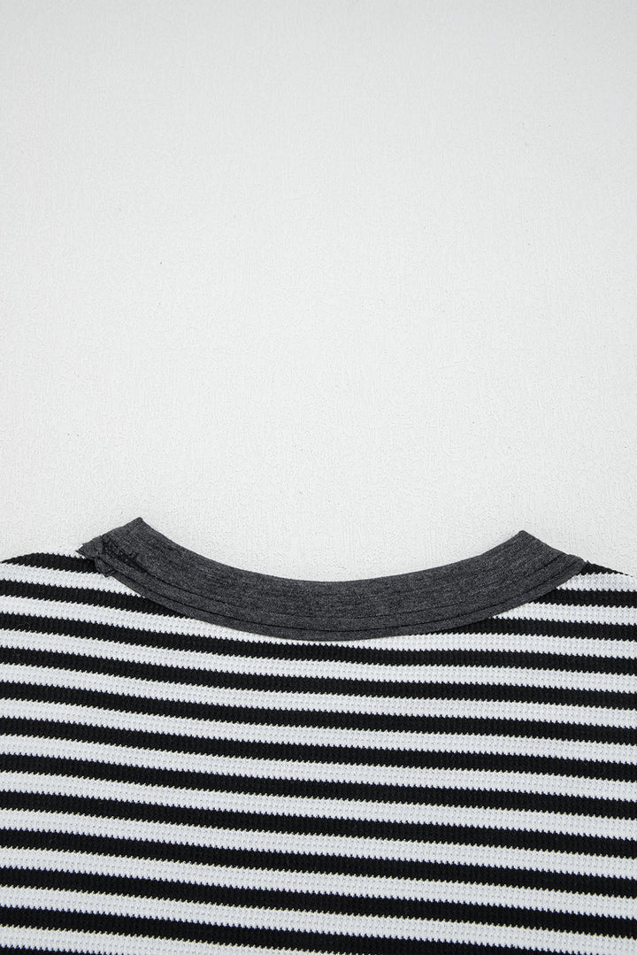 Black Stripe Thermal Knit Drop Shoulder Casual Top