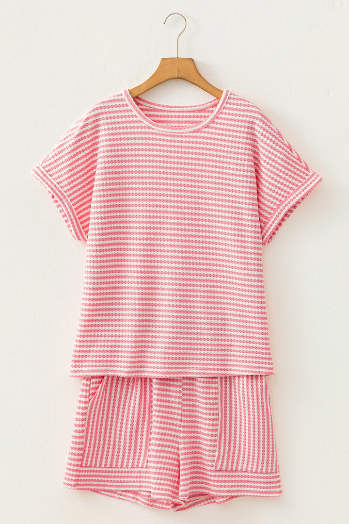 Brown Stripe Breathable Textured Knit Short 2pcs Set