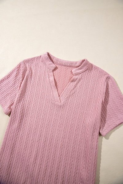 Pink Twisted Textured V Neck Short Sleeve Top