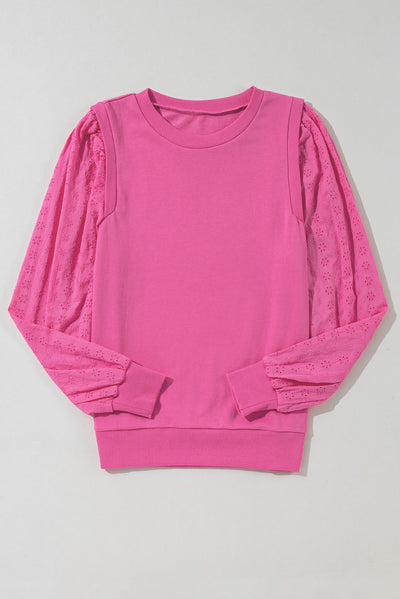 Bright Pink Textured Patchwork Round Neck Sweatshirt