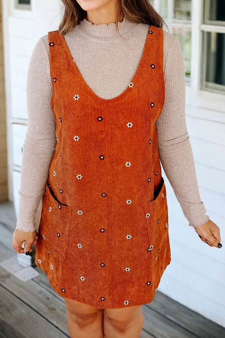 Gold Flame Flower Embroidered Corduroy Overall Mini Dress