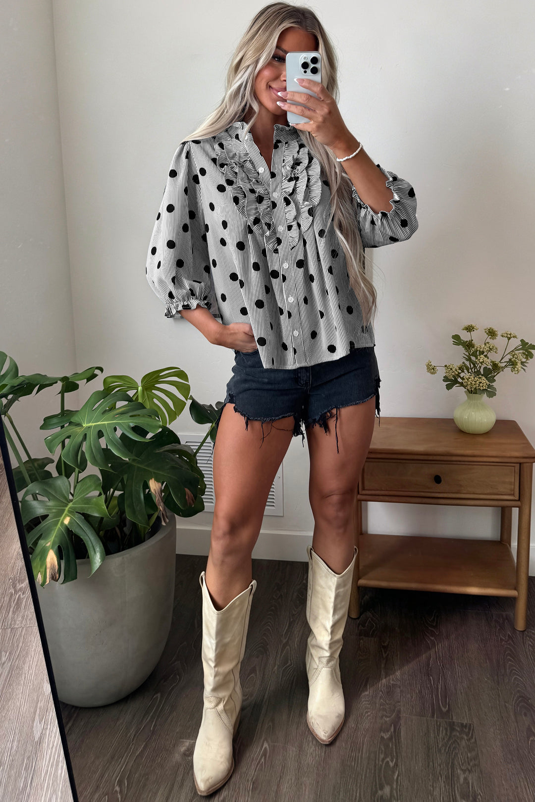 Black white Polka Dot Striped Print Ruffle Stand Neck 3/4 Sleeve Shift Shirt