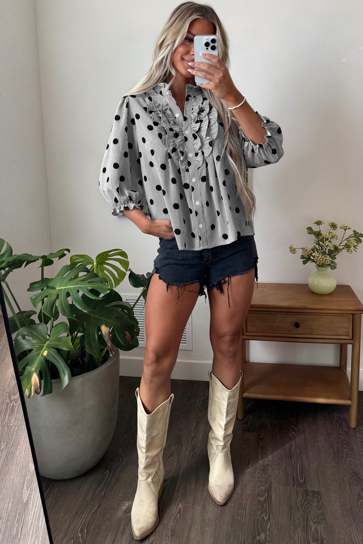 Black white Polka Dot Striped Print Ruffle Stand Neck 3/4 Sleeve Shift Shirt