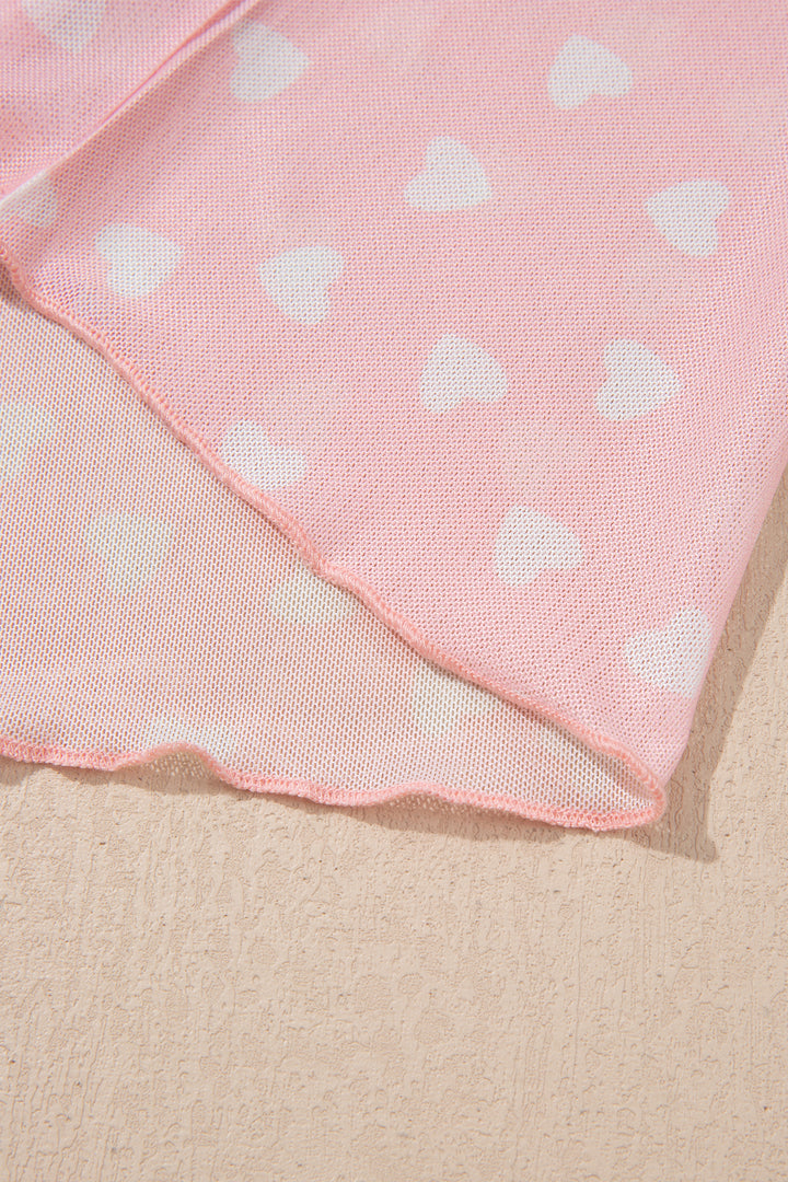 Pink Allover Heart Print Mesh Short Sleeve Top
