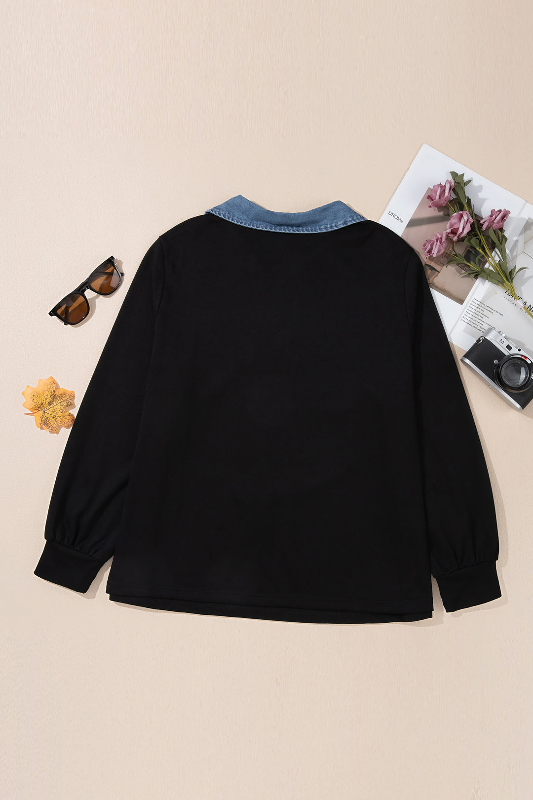 Black Solid V Neck Tunic Shift Long Sleeve Plus Size Blouse