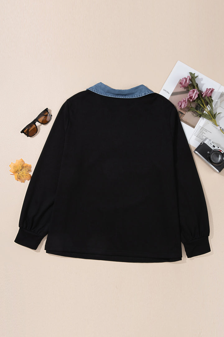 Black Solid V Neck Tunic Shift Long Sleeve Plus Size Blouse