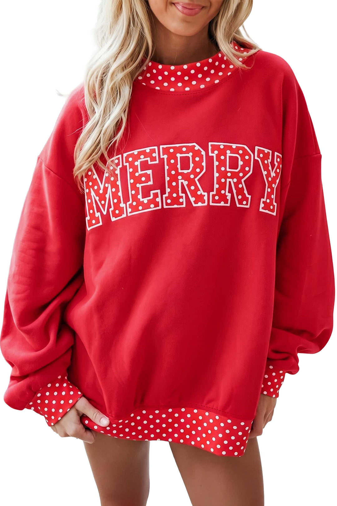 Fiery Red Polka Dot Letter Print Contrast Trim Mock Neck Sweatshirt