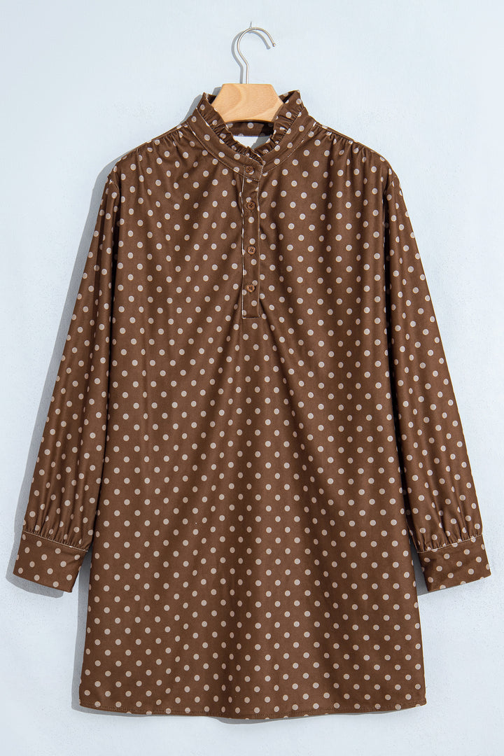 Brown Polka Dot V Neck Long Sleeve Button Shift Dress