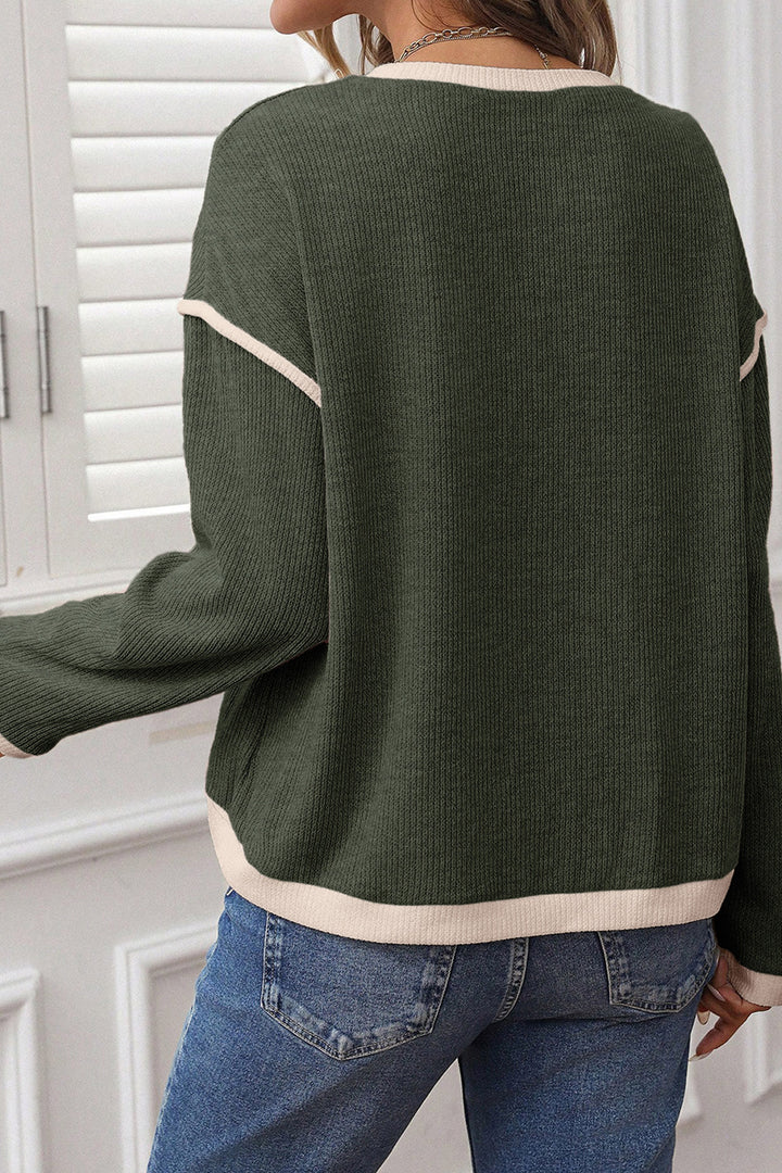 Four Leaf Clover Mallard Duck Graphic Contrast Trim Patchwork Casual Knit Top