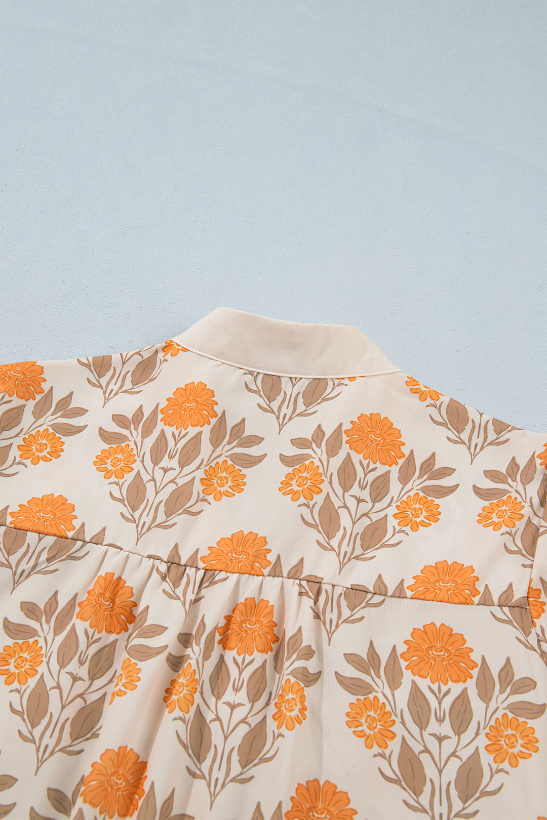 Orange Floral Print Contrast Detail V Neck Long Sleeve Blouse