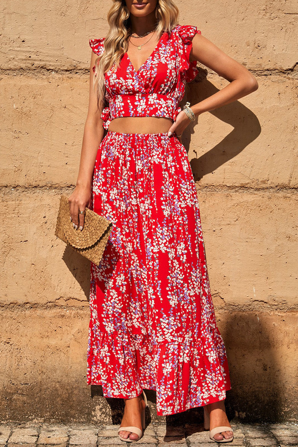 Multicolor Floral Ruffled Crop Top and Maxi Skirt Set