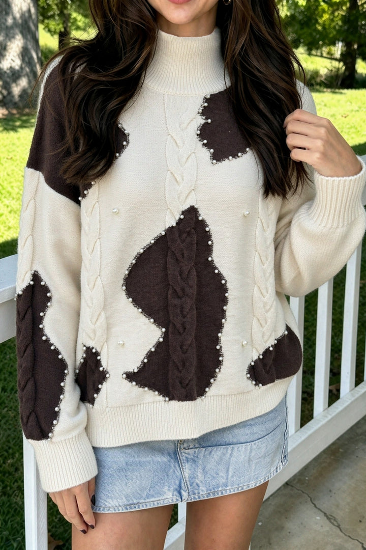 Beige Cable Detail Knit Beaded Western Spots Casual Sweater