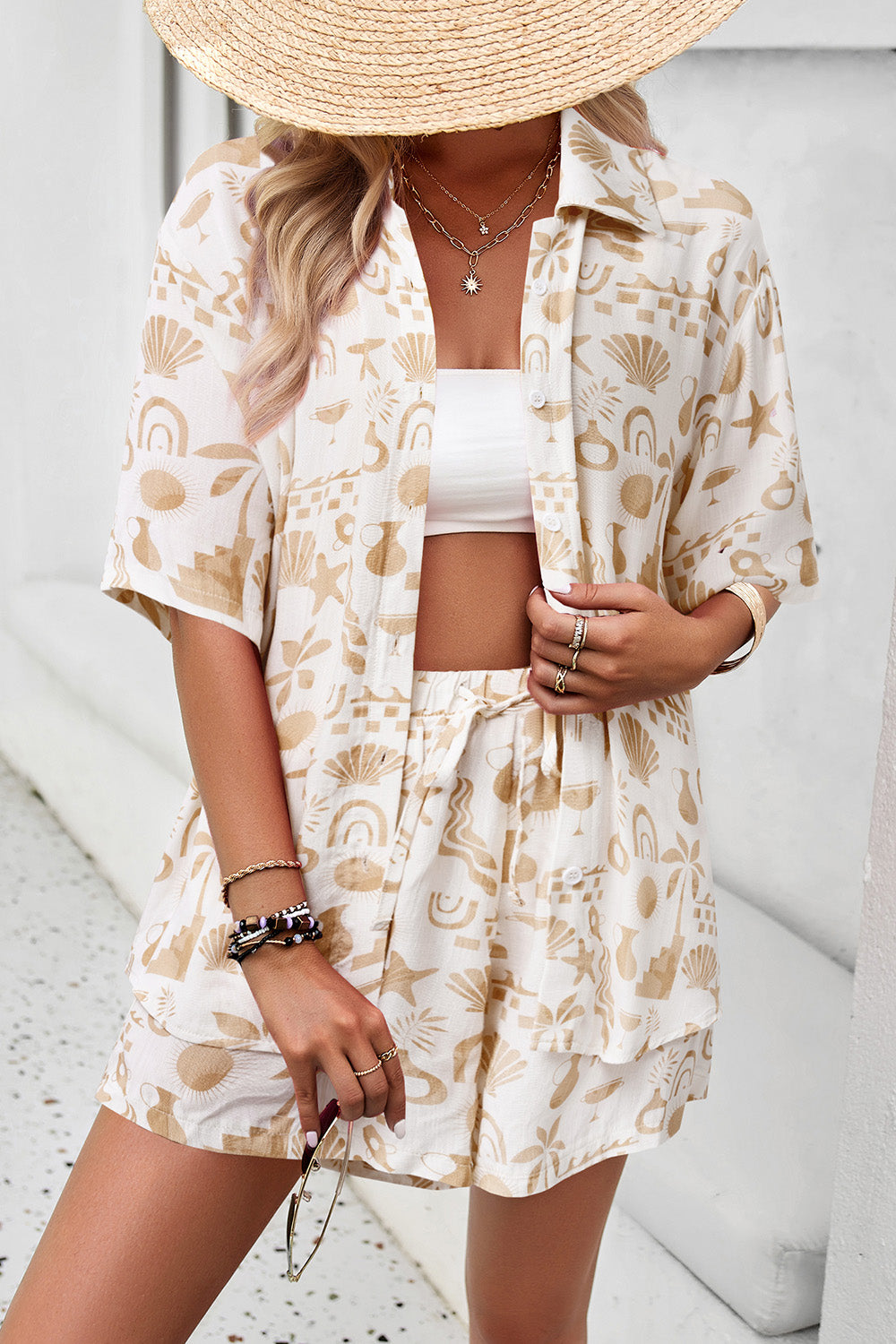 Devine Printed Button Up Shirt and Shorts Set