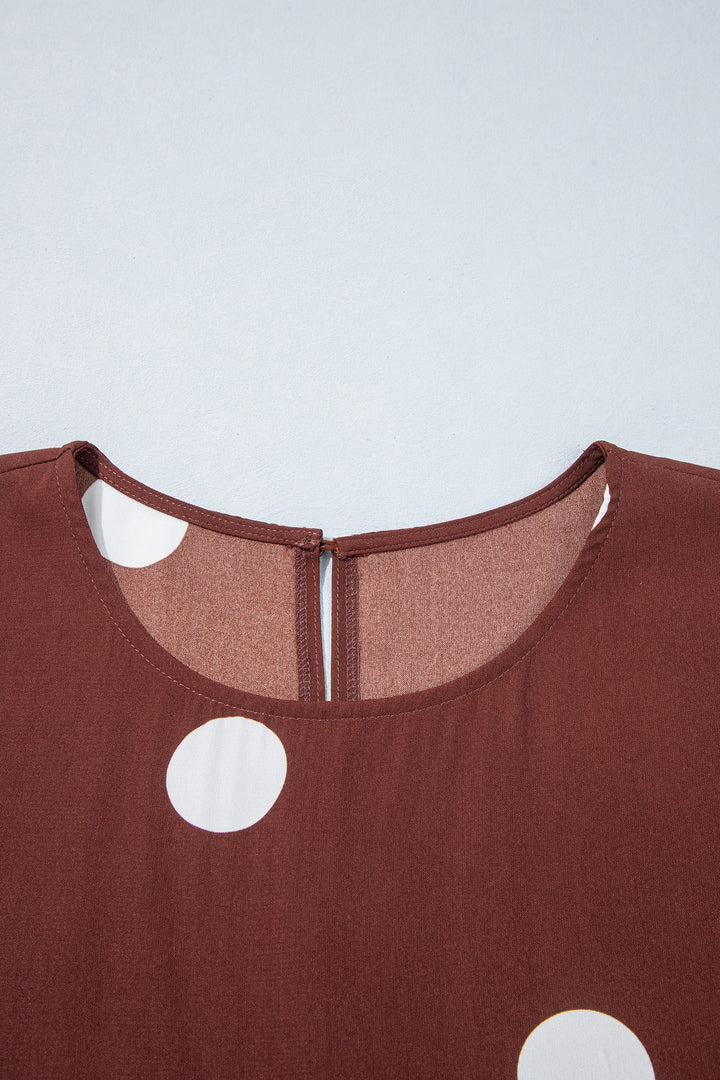 Brown Polka Dot Ruffled Hem Long Sleeve Tie Waist Plus Size Dress
