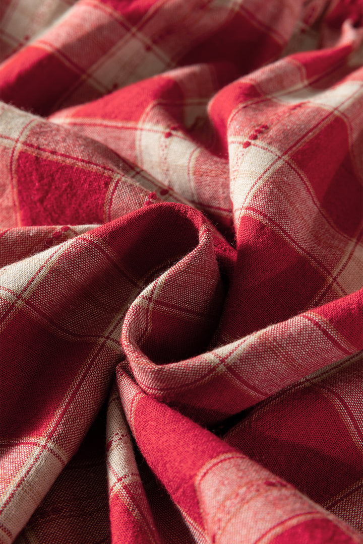 Red Plaid Print Smocked Puff Sleeve Mini Dress