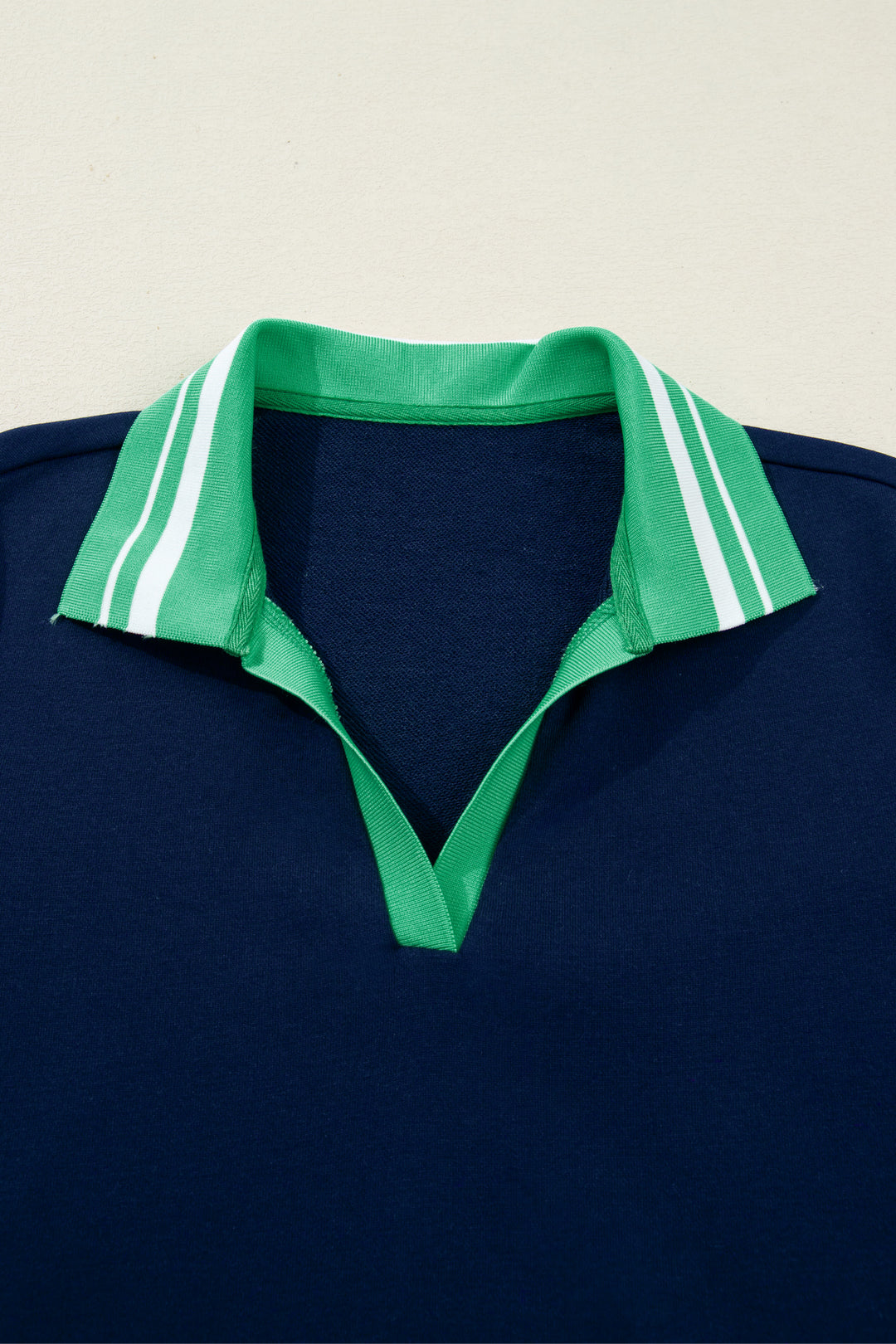 Navy Blue Contrast Striped Cuffs Polo Collar Patchwork Long Sleeve Ruffle Hem Mini Dress