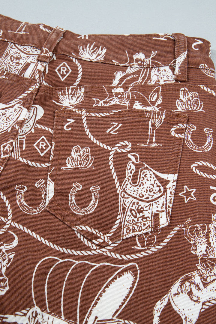 Brown Western Print Casual Shift Jeans
