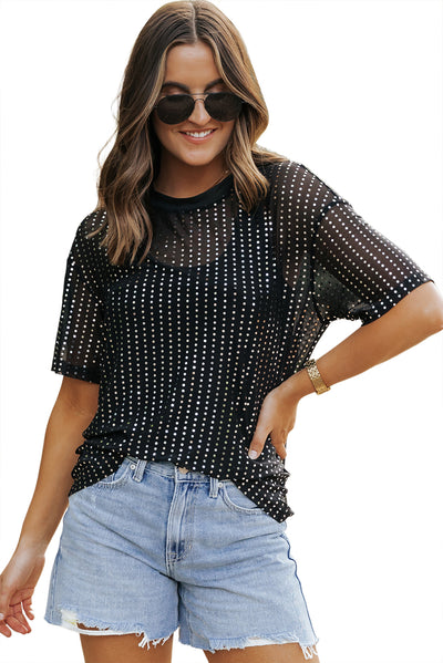 Black Sequin Drop Shoulder Sheer T-shirt