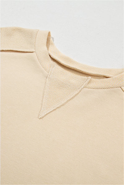 Beige Splicing Round Neck Pullover Sweatshirt