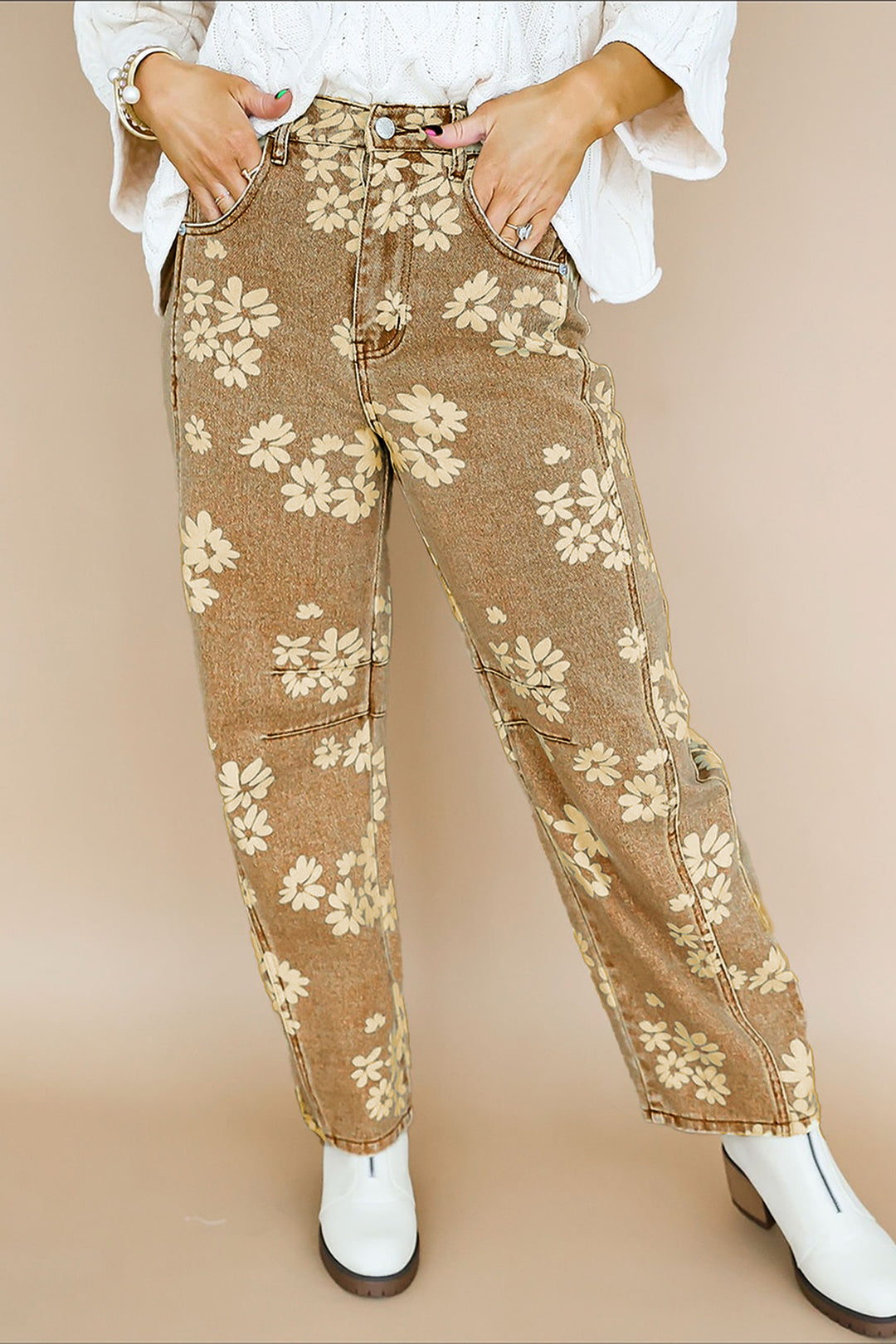 Khaki Floral Print Metal Button Pleated Straight Leg Jeans