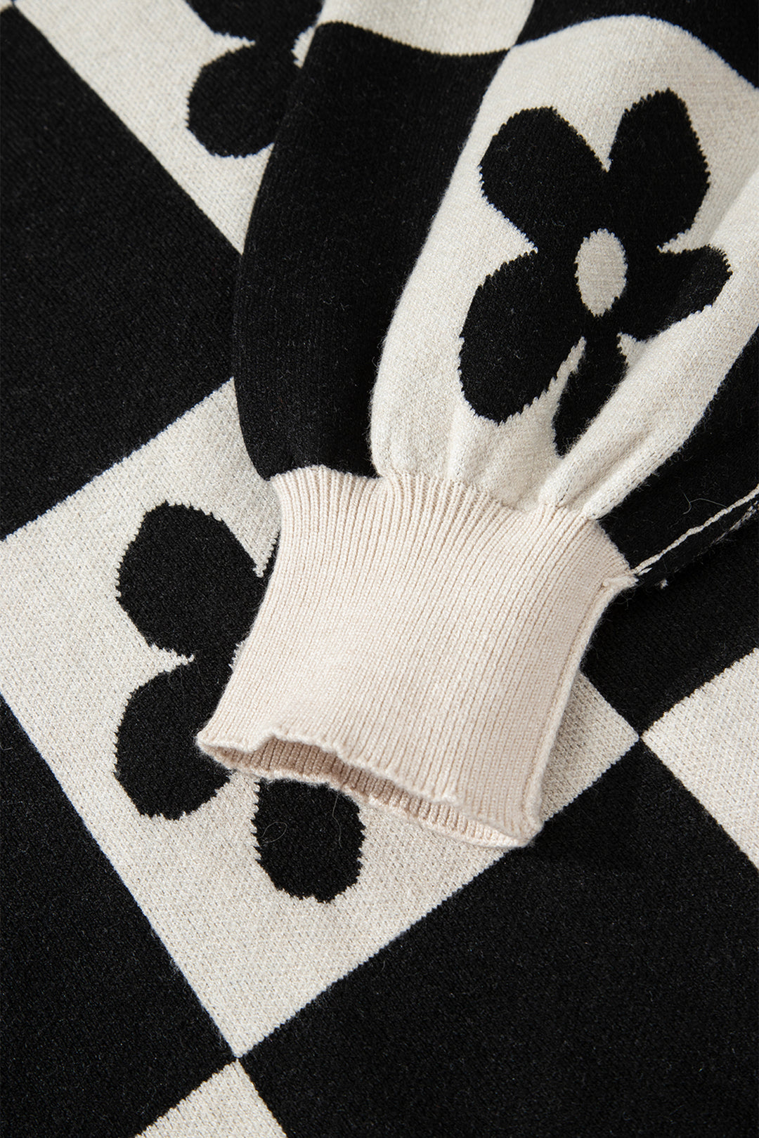 Black Flower Plaid Henley Baggy Sweater