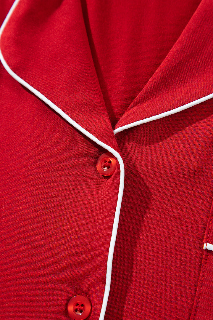 Racing Red Bow Pocket Detail Long Sleeve Shirt 2pcs Pajama Set